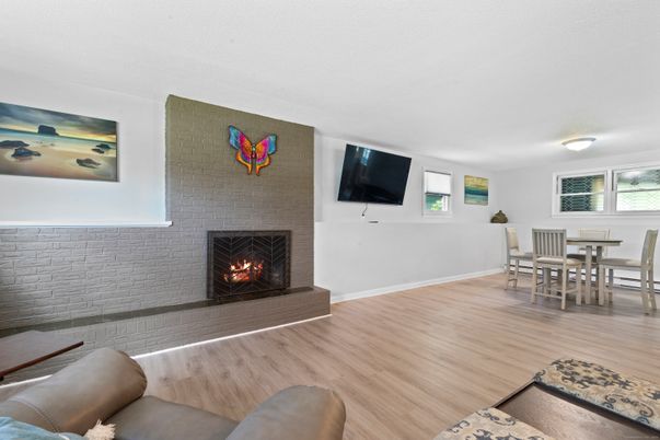 Dining room, Fireplace, Interior, Stone Walls, Wood Texture Flooring