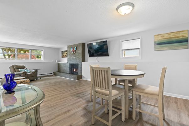 Dining room, Fireplace, Interior, Living room, Wood Texture Flooring