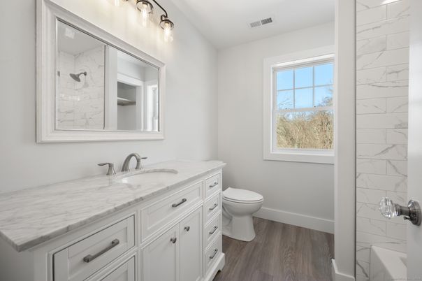 Bathroom, Interior, Marble Walls, Wood Texture Flooring