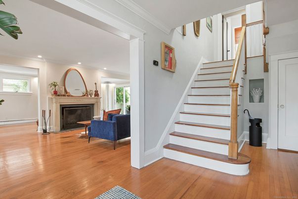 Fireplace, Interior, Recessed Lighting, Wood Texture Flooring