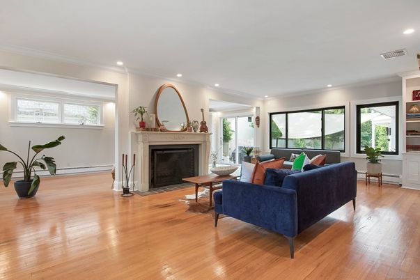 Fireplace, Interior, Living room, Recessed Lighting, Wood Texture Flooring