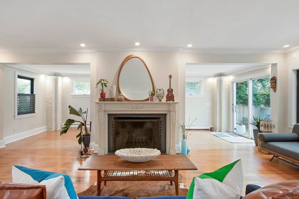 Fireplace, Interior, Recessed Lighting, Wood Texture Flooring