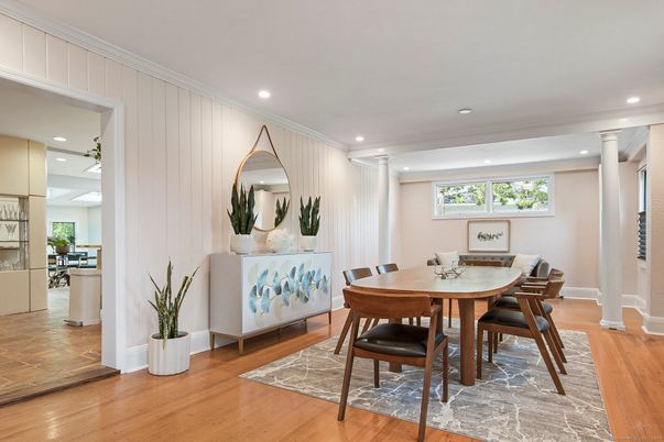 Dining room, Interior, Recessed Lighting, Wood Texture Flooring