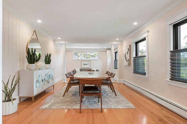 Dining room, Interior, Recessed Lighting, Wood Texture Flooring
