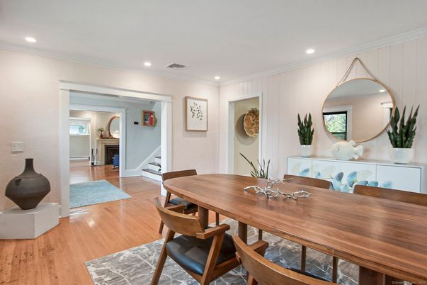 Dining room, Interior, Recessed Lighting, Wood Texture Flooring