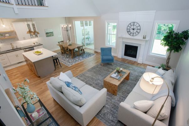 Dining room, Fireplace, Interior, Kitchen, Living room, Pendant Lights, Wood Texture Flooring