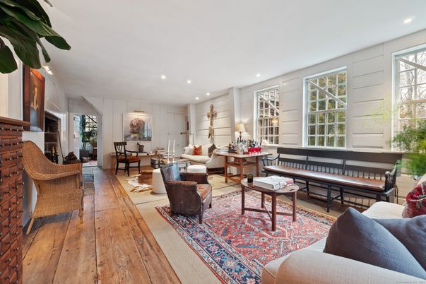 Dining room, Fireplace, Interior, Living room, Recessed Lighting, Wood Texture Flooring