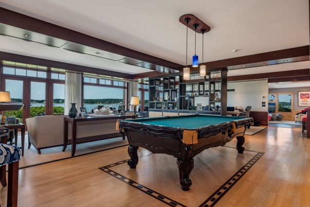 Billiard Table, Game Room, Interior, Pendant Lights, Recessed Lighting, Wooden Beams, Wood Texture Flooring
