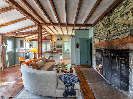 Fireplace, Interior, Kitchen, Living room, Stone Walls, Wooden Beams, Wood Texture Flooring