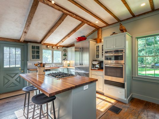 Interior, Kitchen, Recessed Lighting, Stainless Steel Appliances, Wooden Beams, Wood Texture Flooring