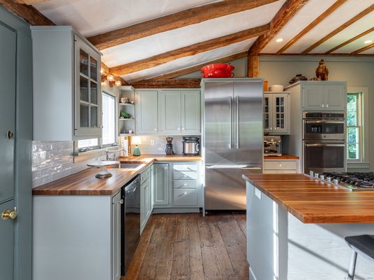 Interior, Kitchen, Pendant Lights, Recessed Lighting, Stainless Steel Appliances, Wooden Beams, Wood Texture Flooring