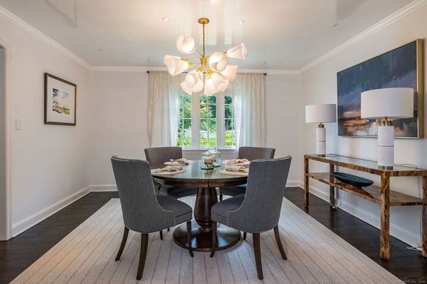 Dining room, Interior, Pendant Lights, Recessed Lighting, Wood Texture Flooring