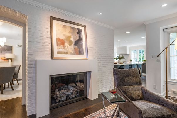 Dining room, Fireplace, Interior, Kitchen, Living room, Recessed Lighting, Wood Texture Flooring