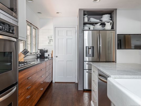 Interior, Kitchen, Recessed Lighting, Stainless Steel Appliances, Wood Texture Flooring