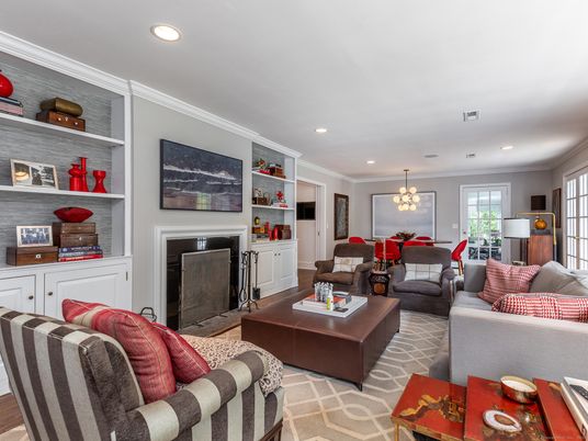 Dining room, Fireplace, Interior, Living room, Pendant Lights, Recessed Lighting, Wood Texture Flooring