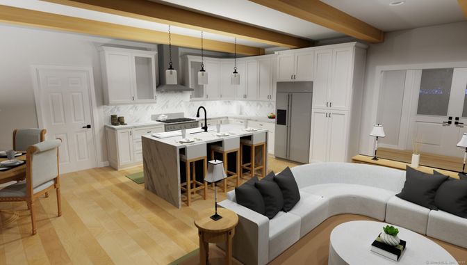 Interior, Kitchen, Living room, Pendant Lights, Recessed Lighting, Stainless Steel Appliances, Wooden Beams, Wood Texture Flooring