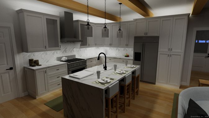 Interior, Kitchen, Marble Walls, Pendant Lights, Stainless Steel Appliances, Wood Texture Flooring