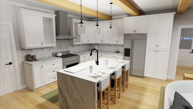 Interior, Kitchen, Marble Walls, Pendant Lights, Stainless Steel Appliances, Wooden Beams, Wood Texture Flooring