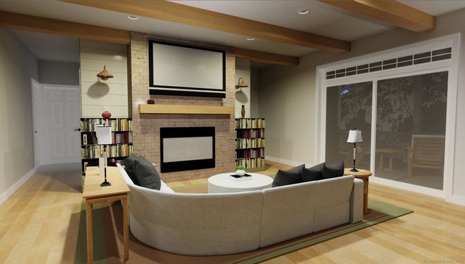 Fireplace, Interior, Living room, Projection Screen, Recessed Lighting, Stone Walls, Wooden Beams, Wood Texture Flooring