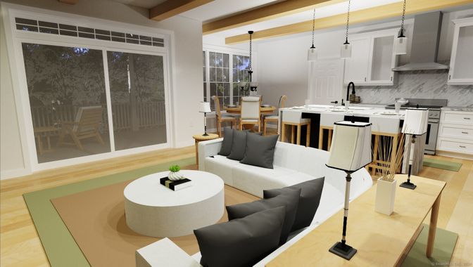 Dining room, Interior, Kitchen, Living room, Pendant Lights, Wooden Beams, Wood Texture Flooring