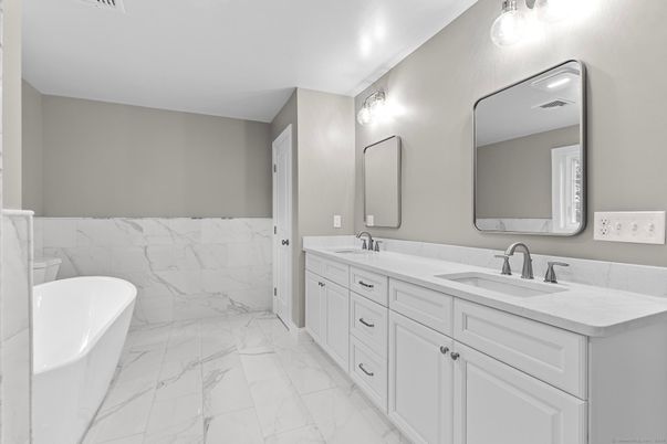 Bathroom, Dual Sink Vanities, Interior, Marble, Marble Walls