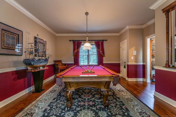 Billiard Table, Game Room, Interior, Pendant Lights, Wood Texture Flooring