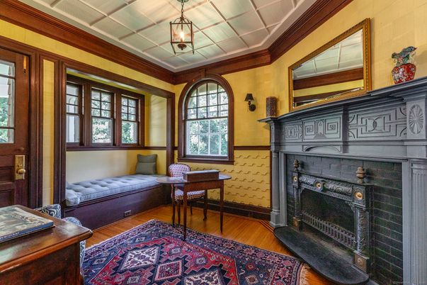 Fireplace, Home Office, Interior, Pendant Lights, Wood Texture Flooring