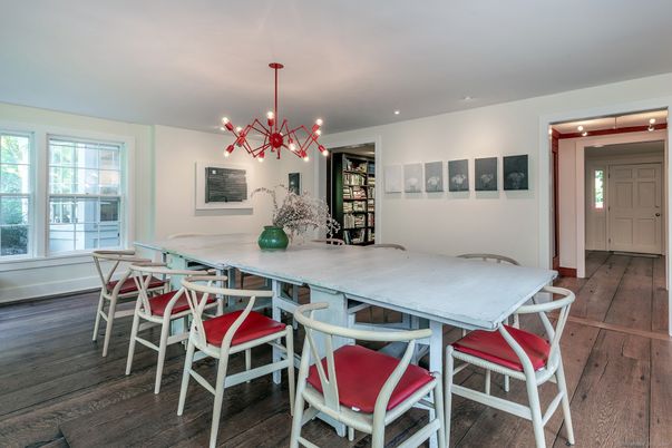 Dining room, Interior, Pendant Lights, Recessed Lighting, Wood Texture Flooring