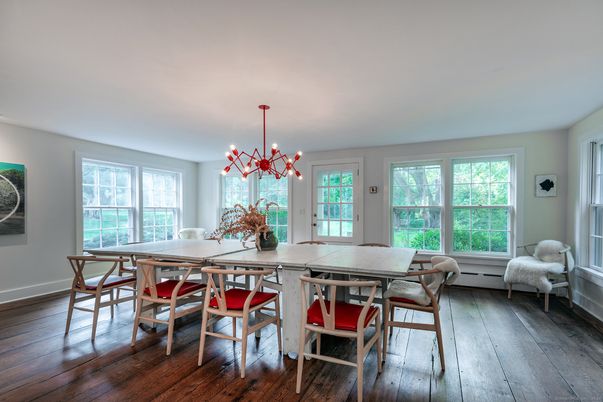 Dining room, Interior, Pendant Lights, Wood Texture Flooring
