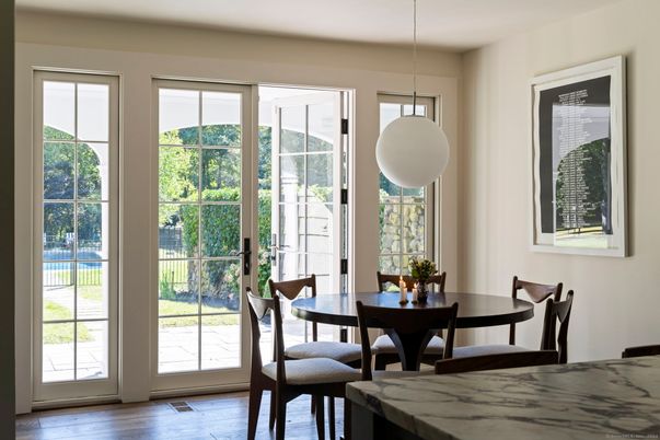 Dining room, Interior, Pendant Lights, Wood Texture Flooring