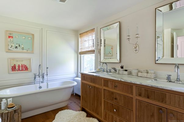 Bathroom, Dual Sink Vanities, Free Standing Baths, Interior, Wood Texture Flooring