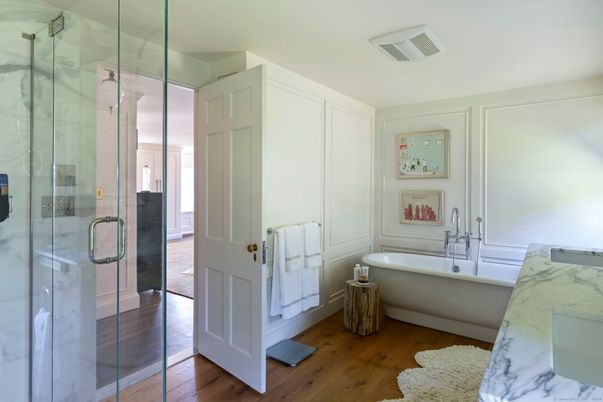 Bathroom, Glass Shower, Interior, Marble Walls, Wood Texture Flooring