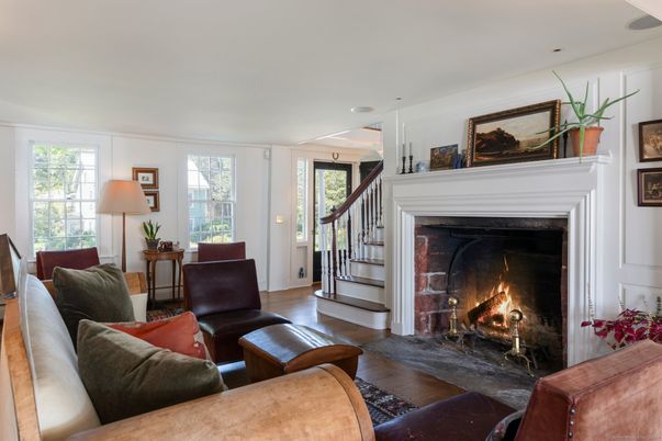 Fireplace, Interior, Living room, Recessed Lighting, Wood Texture Flooring