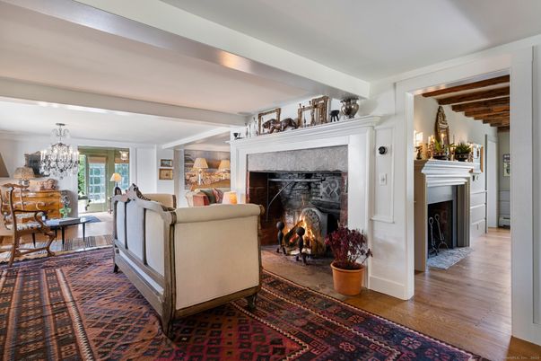 Chandelier, Dining room, Fireplace, Interior, Living room, Wood Texture Flooring