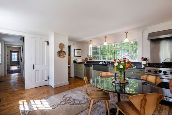 Dining room, Interior, Kitchen, Pendant Lights, Stainless Steel Appliances, Wood Texture Flooring