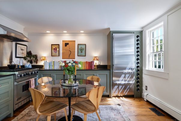 Dining room, Interior, Kitchen, Recessed Lighting, Stainless Steel Appliances, Wood Texture Flooring