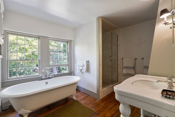 Bathroom, Free Standing Baths, Glass Shower, Interior, Wood Texture Flooring