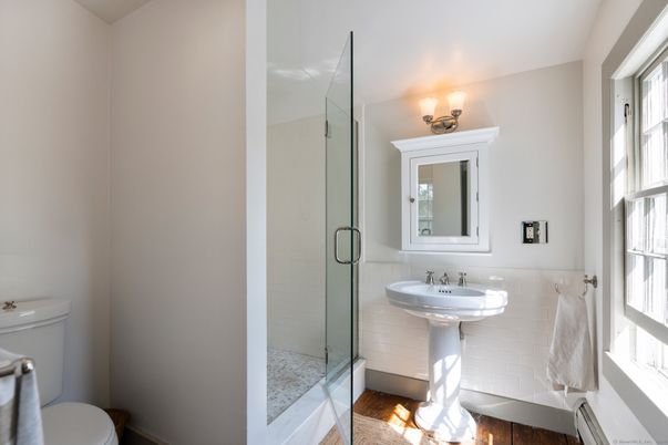 Bathroom, Glass Shower, Interior, Wood Texture Flooring