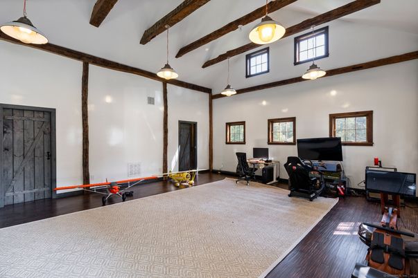 Fitness Equipment, Home Office, Interior, Pendant Lights, Wooden Beams, Wood Texture Flooring