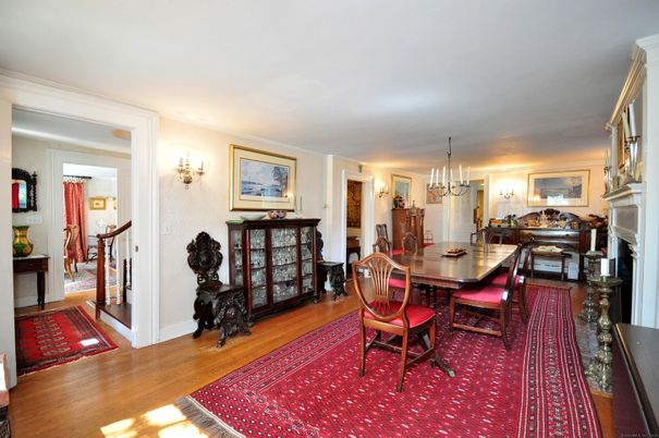 Dining room, Fireplace, Interior, Pendant Lights, Piano, Wood Texture Flooring