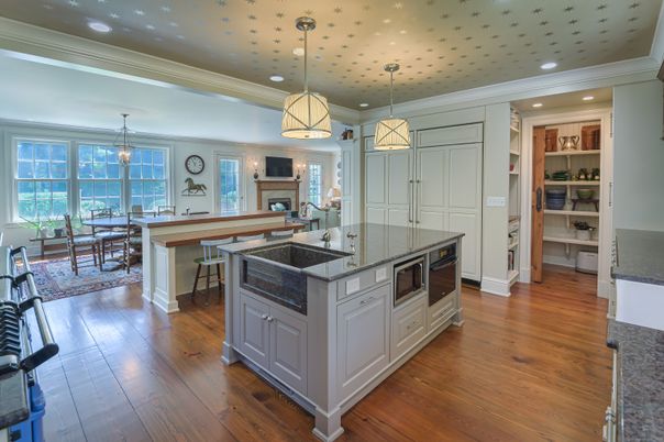 Dining room, Fireplace, Interior, Kitchen, Pendant Lights, Recessed Lighting, Wood Texture Flooring