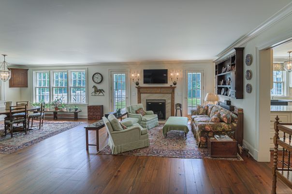 Chandelier, Dining room, Fireplace, Interior, Living room, Wood Texture Flooring