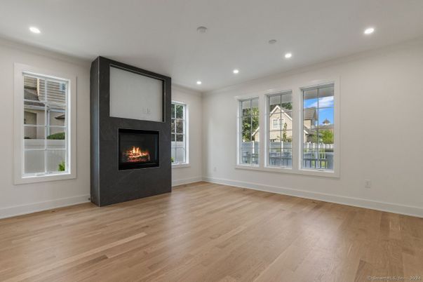 Empty room, Fireplace, Interior, Recessed Lighting, Wood Texture Flooring