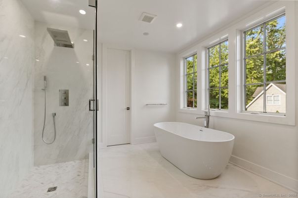 Bathroom, Free Standing Baths, Glass Shower, Interior, Marble, Marble Walls, Recessed Lighting