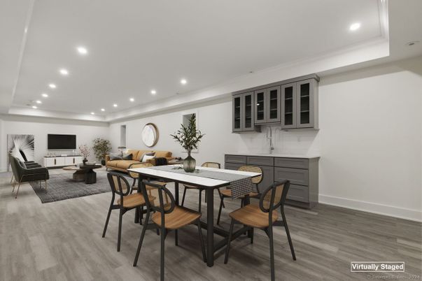 Dining room, Interior, Living room, Recessed Lighting, Wood Texture Flooring
