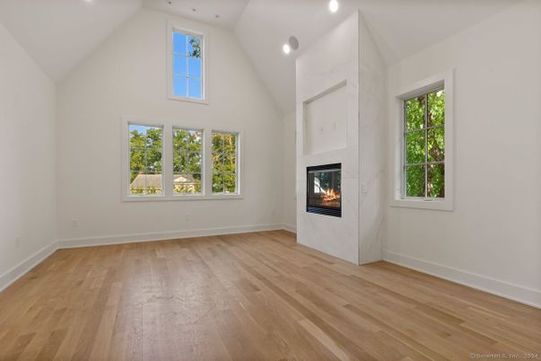 Empty room, Fireplace, Interior, Recessed Lighting, Wood Texture Flooring