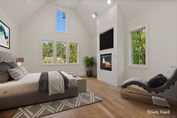 Bedroom, Fireplace, Interior, Recessed Lighting, Wood Texture Flooring