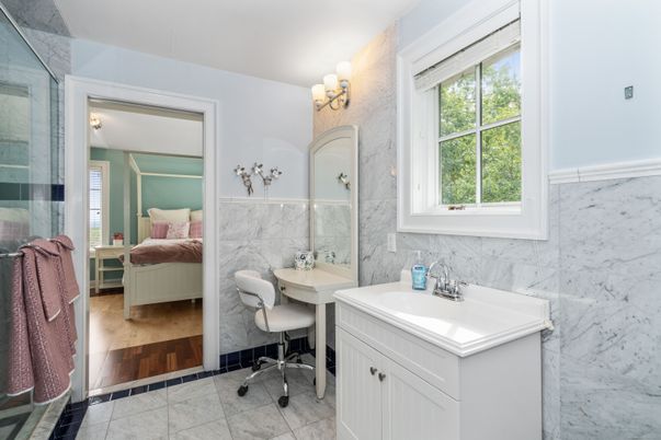 Bathroom, Bedroom, Glass Shower, Interior, Marble, Marble Walls, Wood Texture Flooring