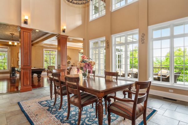 Dining room, Interior, Pendant Lights, Piano, Wooden Beams