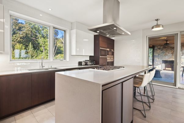 Interior, Kitchen, Recessed Lighting, Stone Walls, Wood Texture Flooring